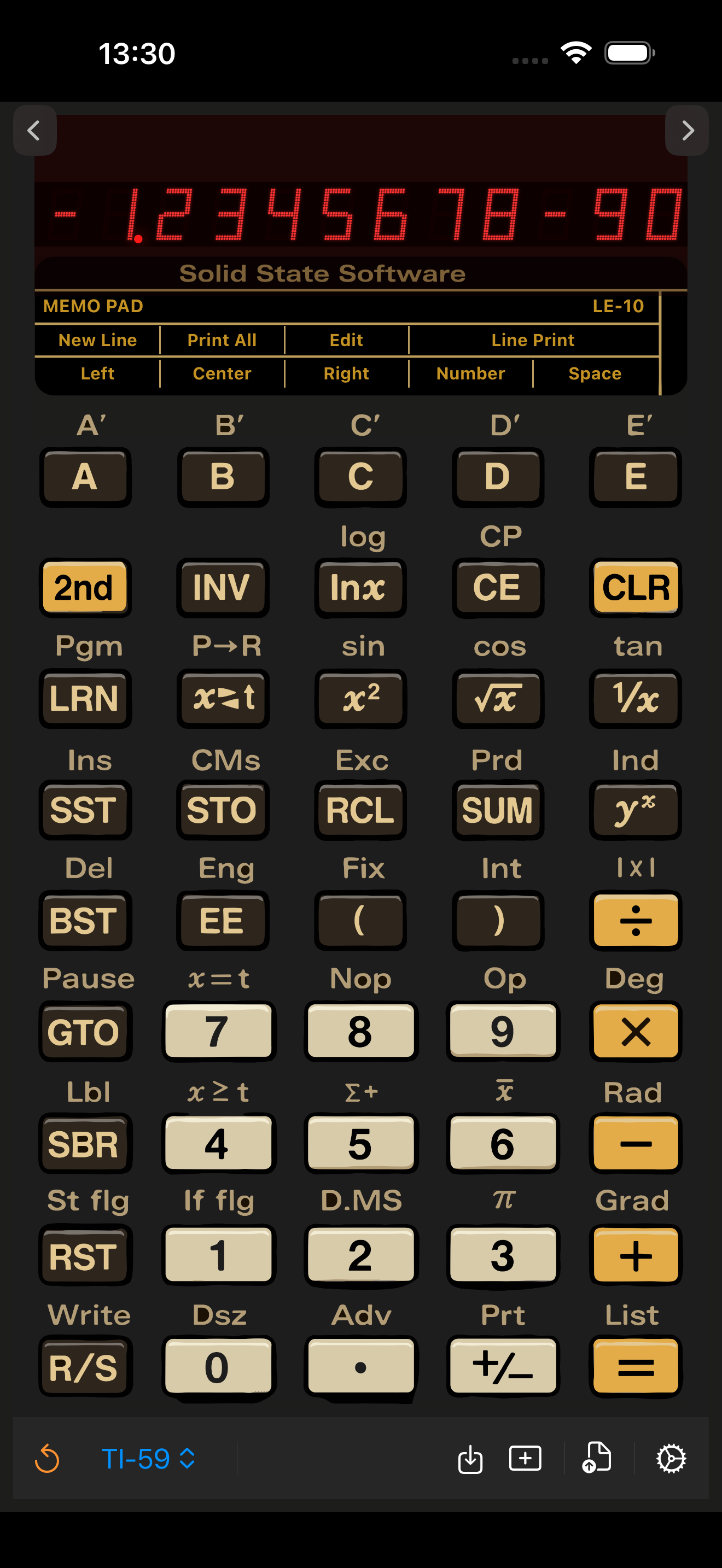 The Calc-U 59 TI-59 emulator running on an iPhone, showing the red LED display, the cue card and the full key matrix